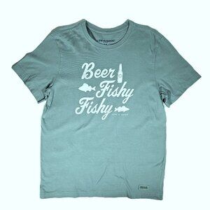 Life is Good Beer Fishy Fishy Men's T-shirt Blue/Green Size Medium Crusher